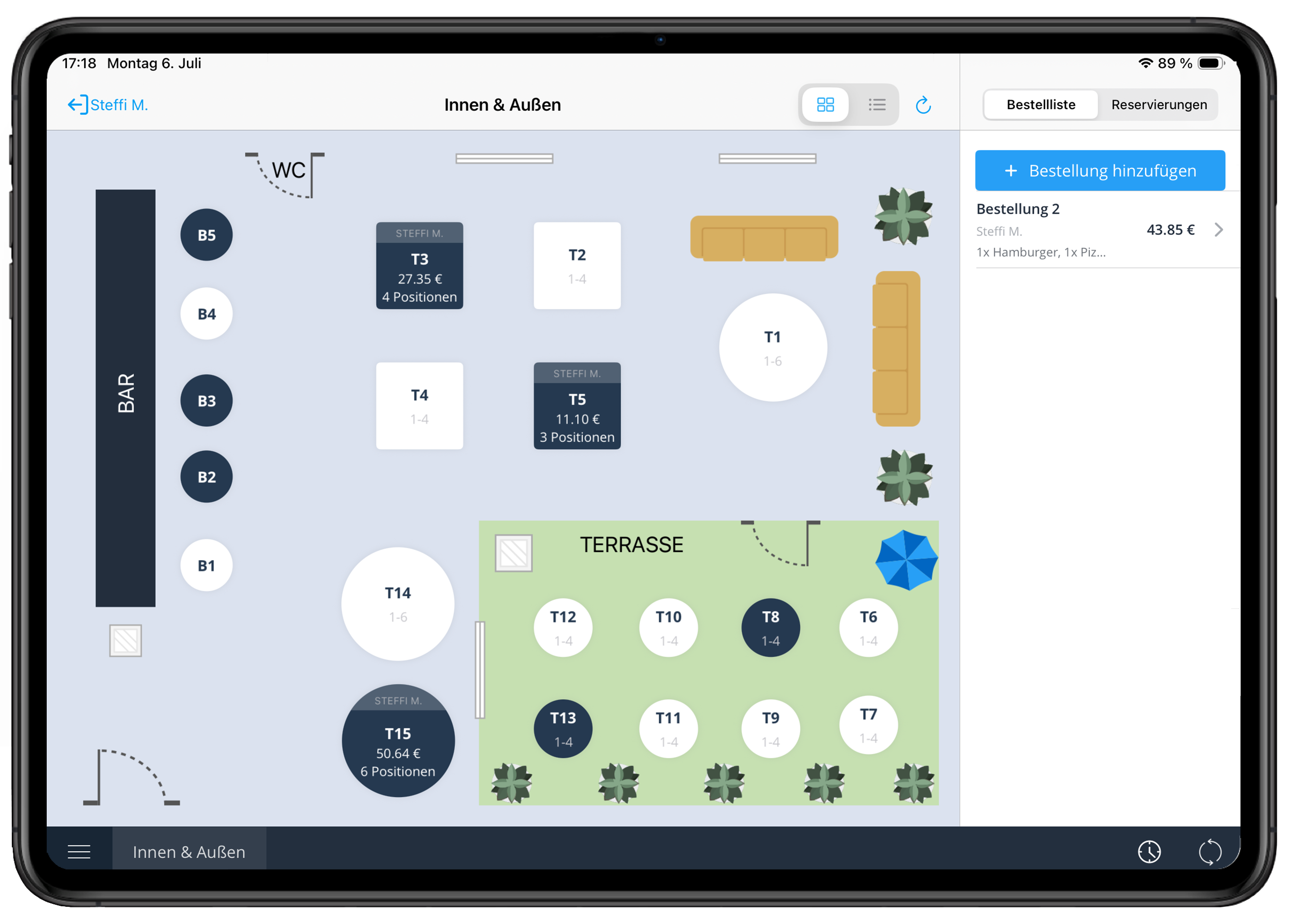 Tillhub Kassensystem Dashboard Screenshot:Starte Bestellungen mit nur einem Klick direkt aus dem Tischplan – schneller Service, zufriedene Gäste.