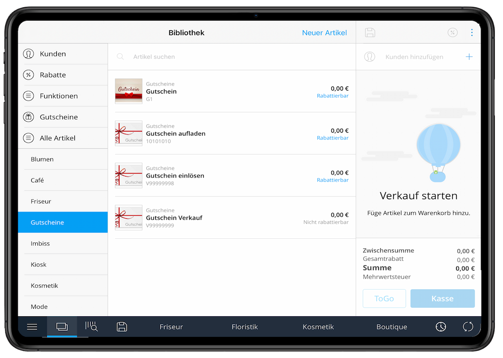 Tillhub Kassensystem Dashboard Screenshot  vom Gutscheinsystem