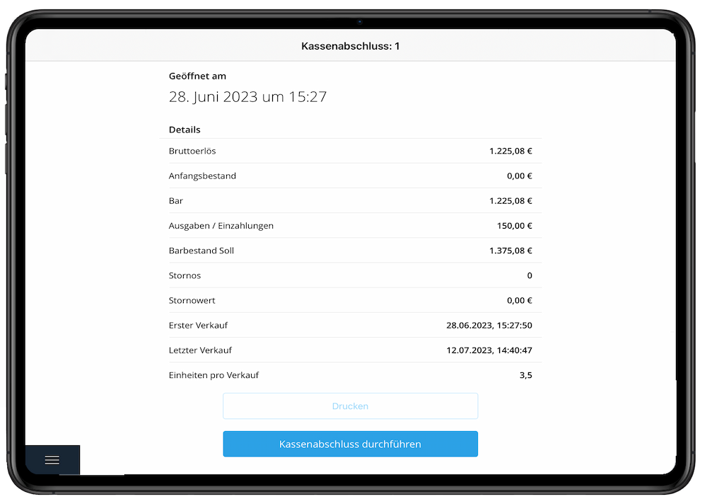 Tillhub Kassensystem Dashboard Screenshot vom Kassenabschluss
